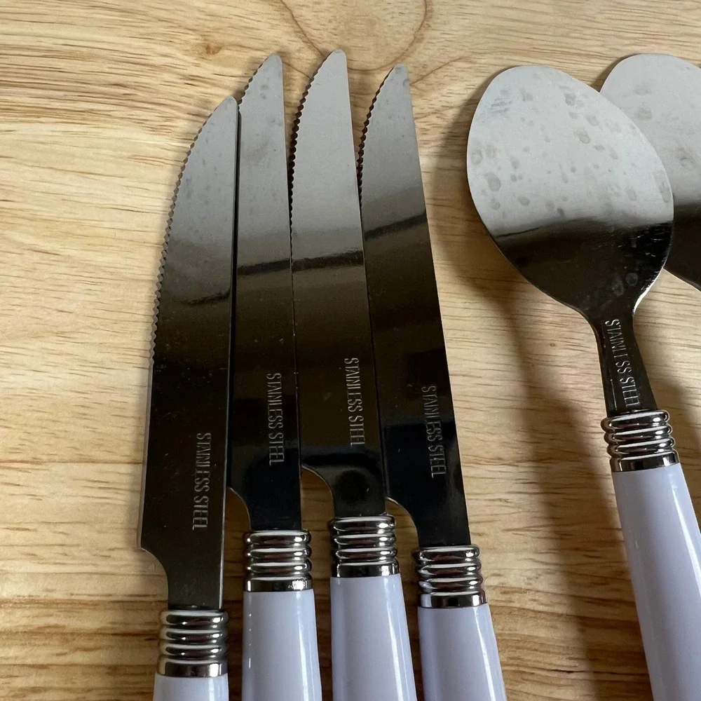 12pc Stainless Steel Flatware Set White Plastic Handles Service for 4 MCM Style
